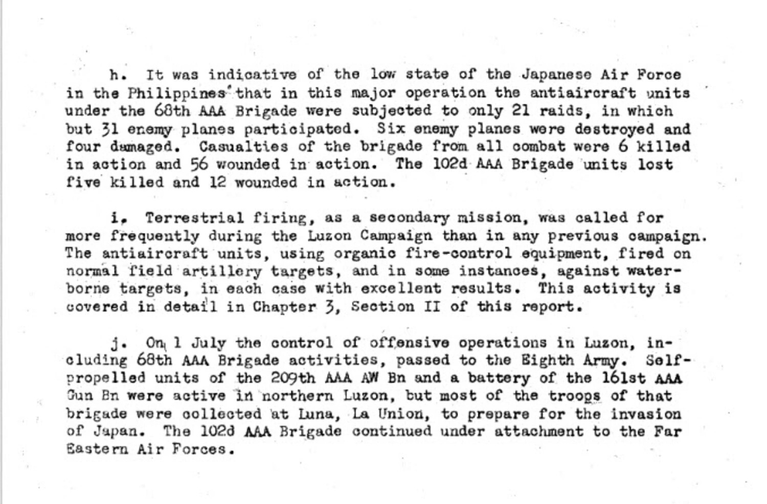 Typed Report Page: 68th and 102d AAA Brigade Operations During the Luzon Campaign