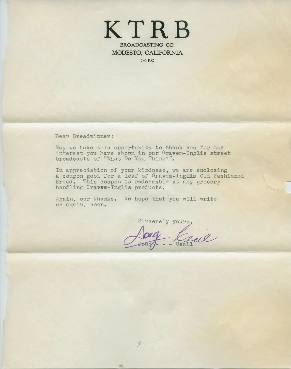 KTRB Broadcasting Co. Letter to a 'Breadwinner' Listener, Modesto, California, WWII Era