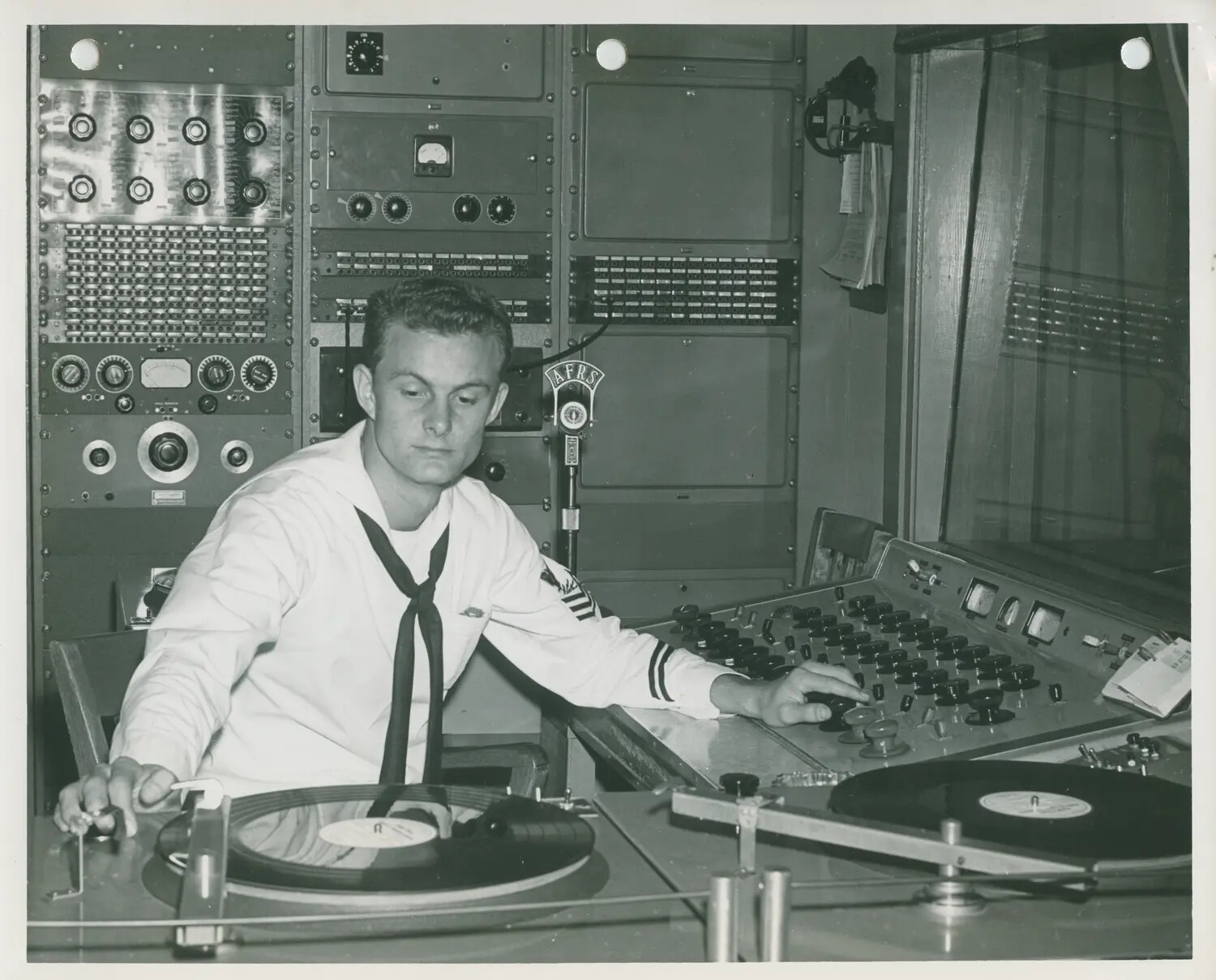 US Navy Sailor Operating Broadcast Console, Armed Forces Radio Service Studio