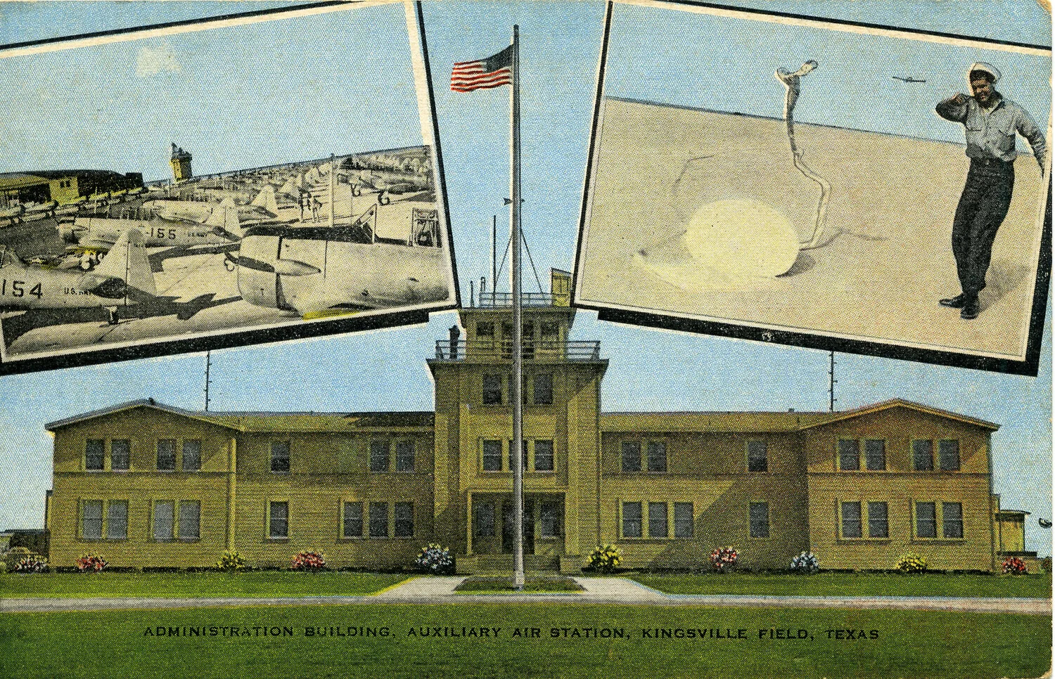 Composite Linen Postcard: Administration Building, Auxiliary Air Station, Kingsville Field, Texas, with Flight Line and Novelty Golf Inset Photographs