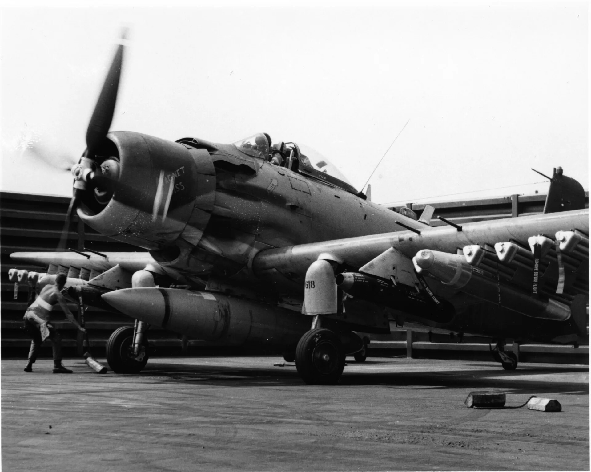 Fully Armed A-1 Skyraider on Flight Line with Ground Crew, Vietnam War Era