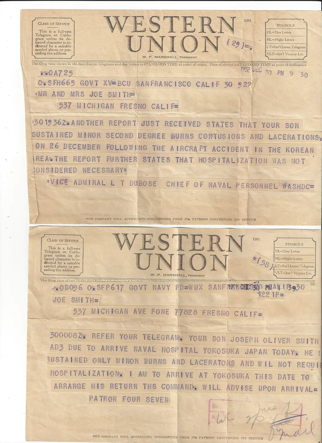 Western Union Telegrams Notifying Family of Korean War Naval Aircraft Accident, December 1952