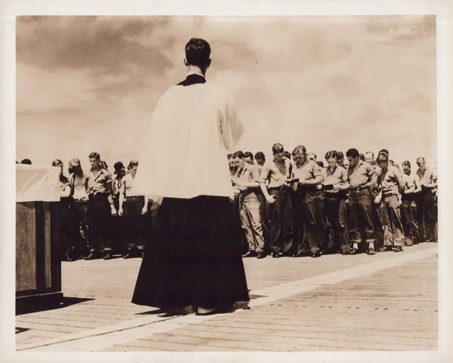 Navy Chaplain Conducting Religious Service on Flight Deck, WWII Pacific Theater