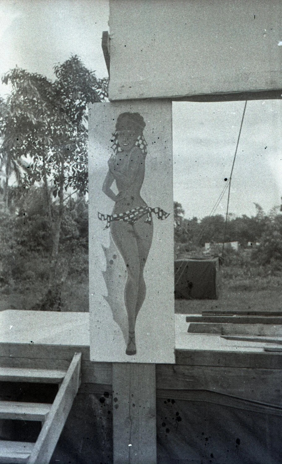Hand-Painted Pin-Up Girl Artwork on Camp Structure, Luzon, Philippines, World War II