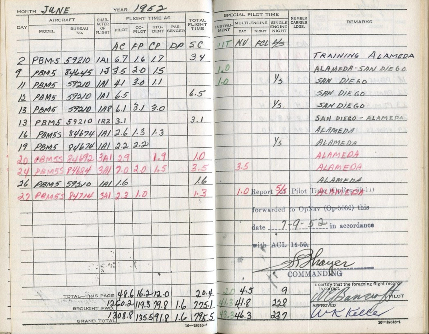 Lt. Bancroft's U.S. Navy Pilot Flight Logbook, June 1952