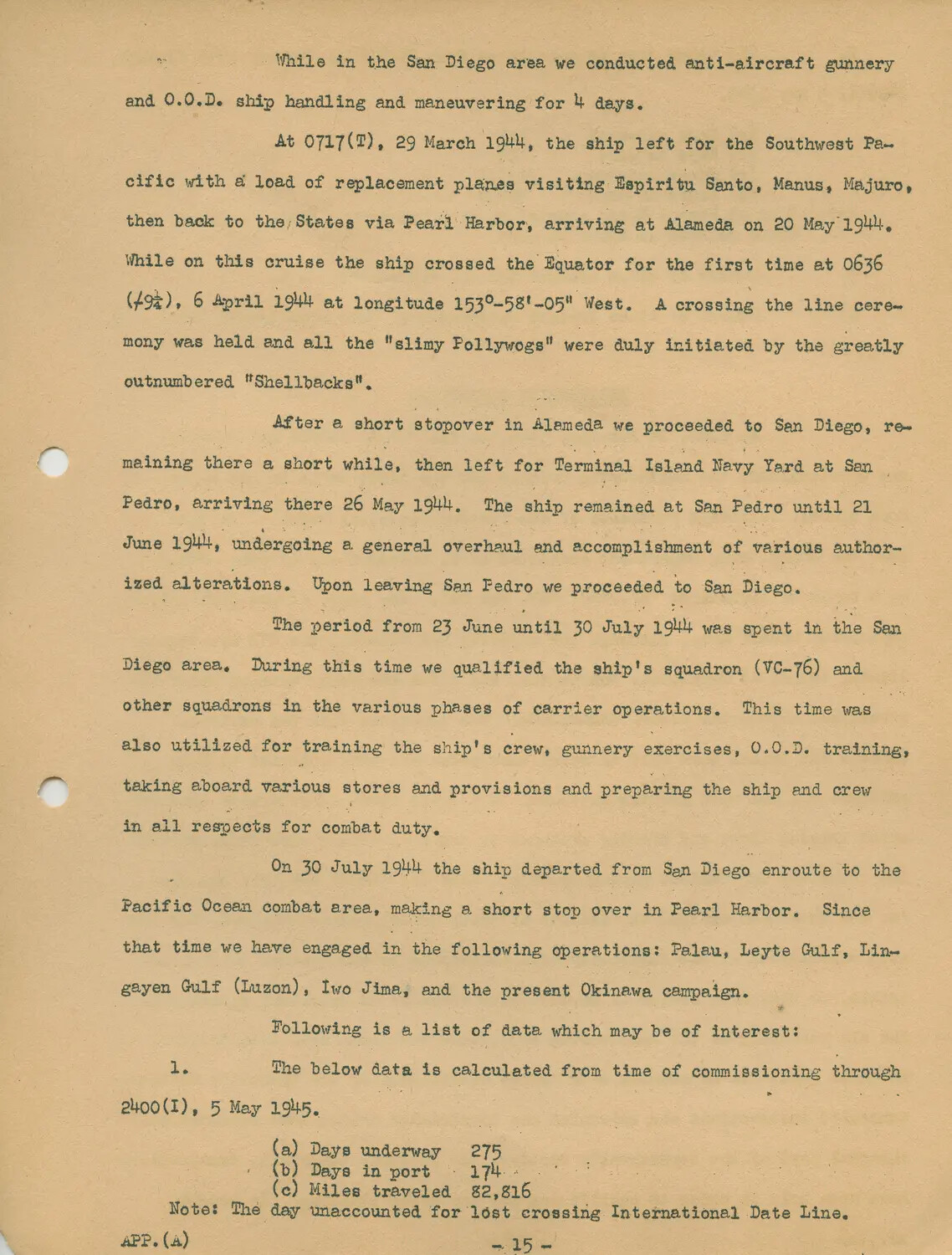 USS Petrof Bay (CVE-80) Ship's History, Appendix (A), Page 15 - Shakedown Cruise, Equator Crossing, and Combat Operations Summary