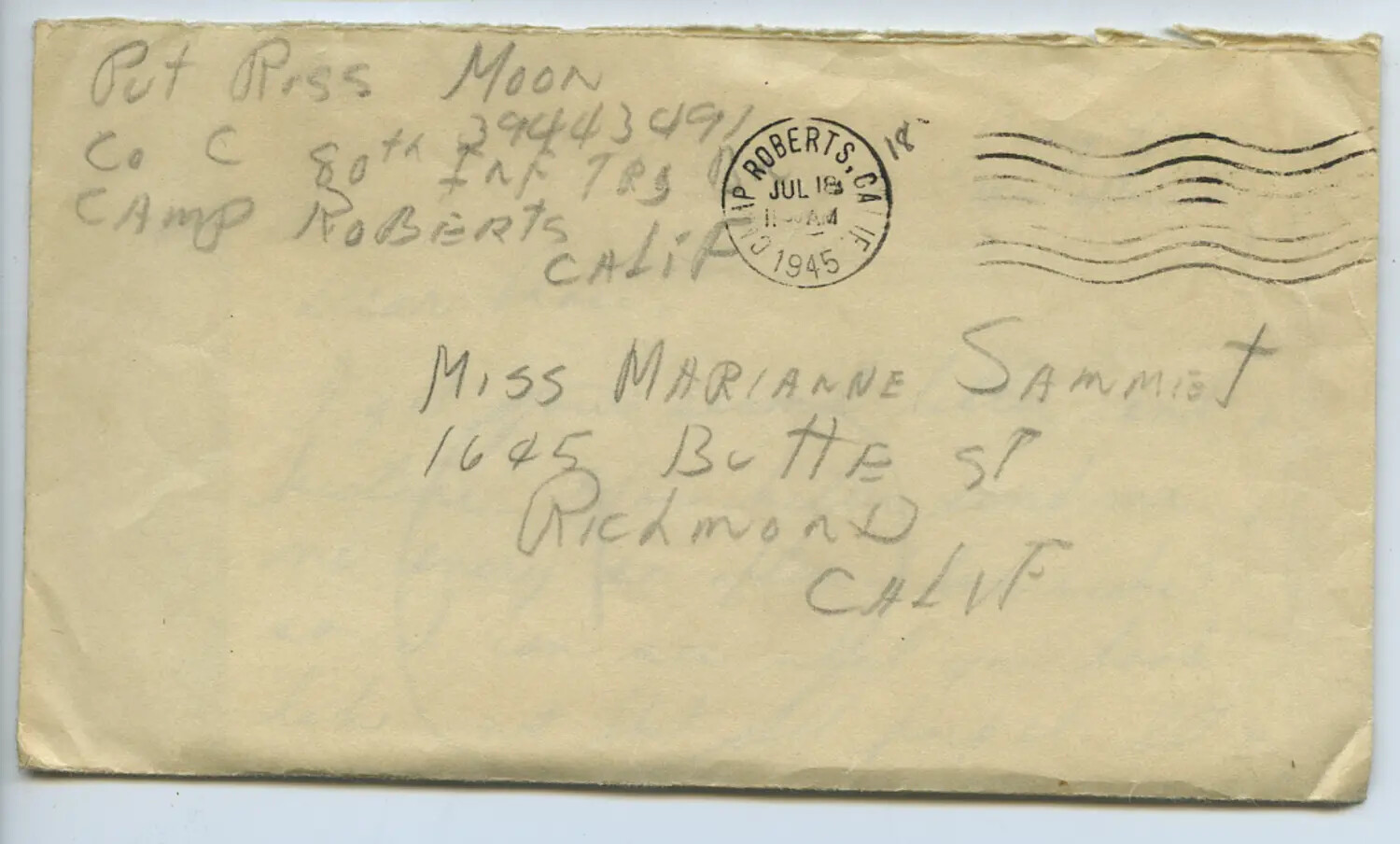 WWII Envelope from Pvt. Ross Moon, Camp Roberts, California, to Marianne Sammiet, Richmond, California, July 1945