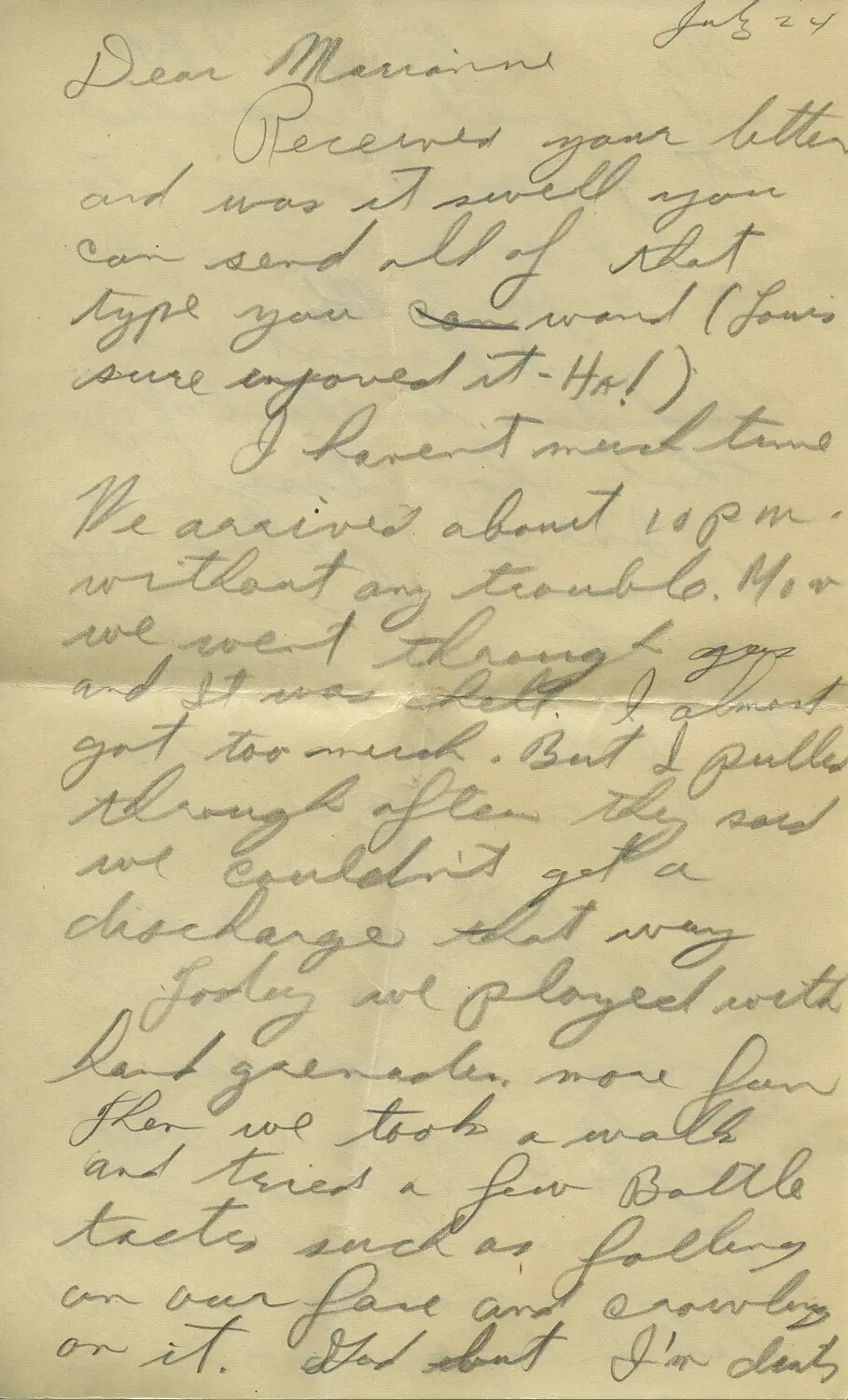 Handwritten Wartime Letter to 'Marianne,' Dated July 24, Describing Military Training (WWII Letters, Moon/Sammiet Collection)