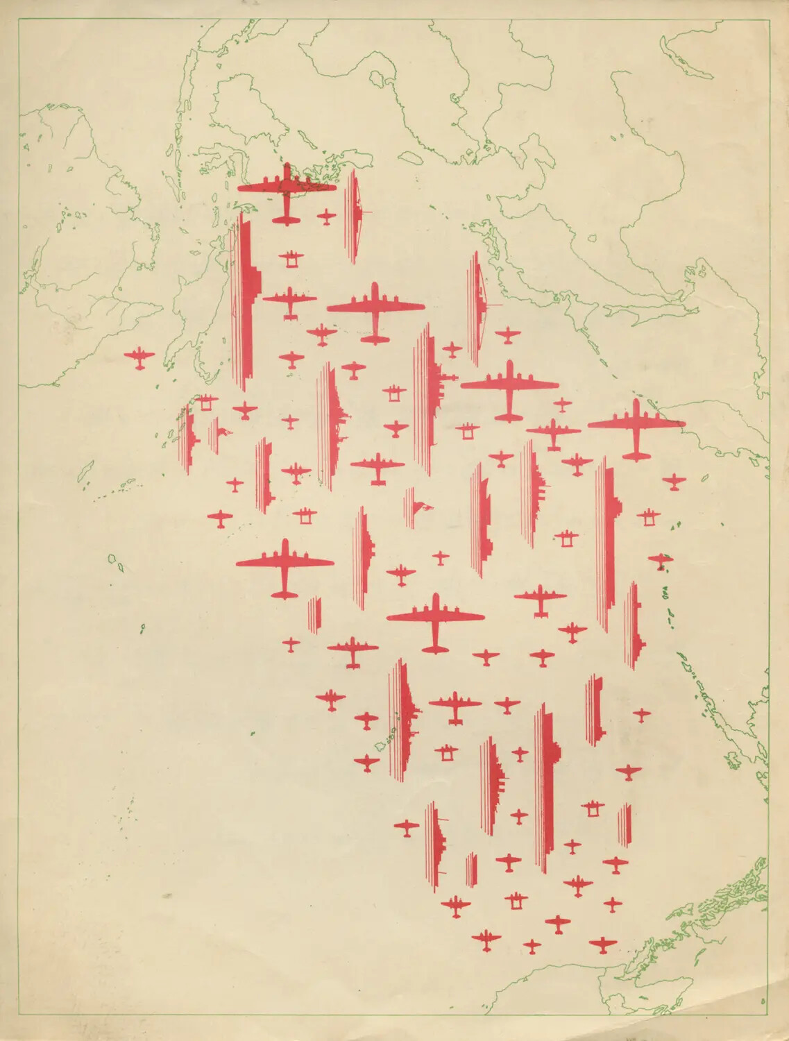Printed Infographic Map of Aerial Strike Missions, Pacific Theater, WWII Unit History (Petrof Bay Collection)