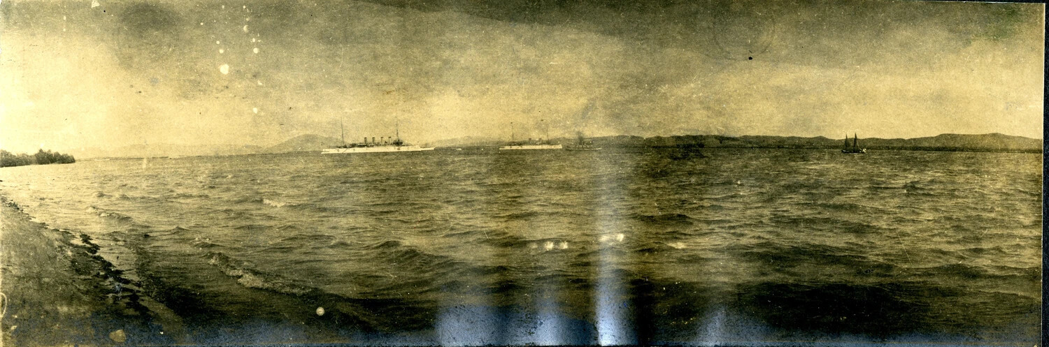 Panoramic View of Warships at Anchor in a Bay, U.S. Navy Album, c. 1898-1910