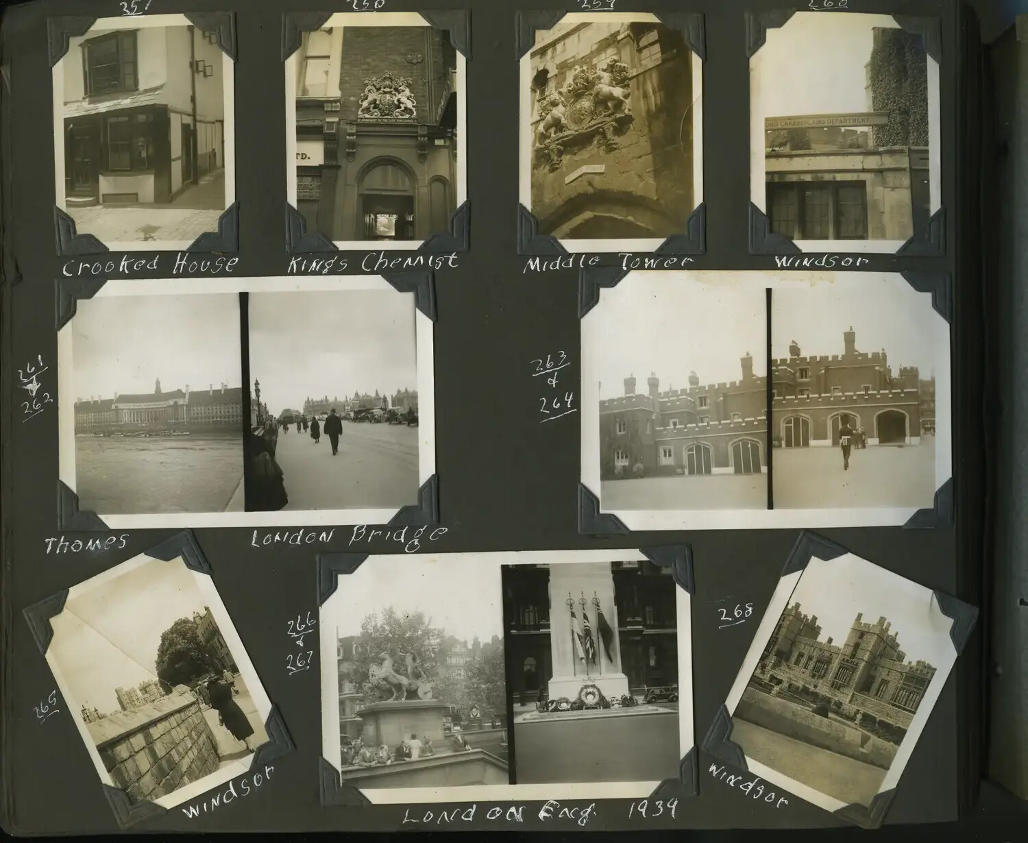 Photograph Album Page, U.S. Navy Sailor's European Liberty Tour: Windsor and London Landmarks, 1939 (Frames 257-268)