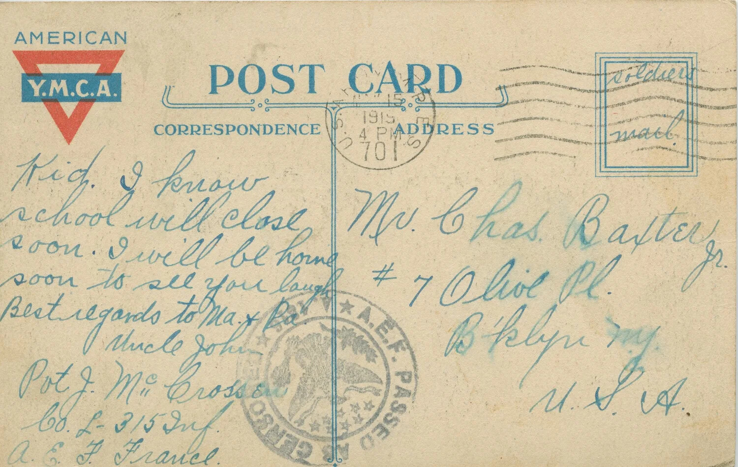 Y.M.C.A. Postcard from Pvt. J. McCrossen, 315th Infantry, A.E.F. France
