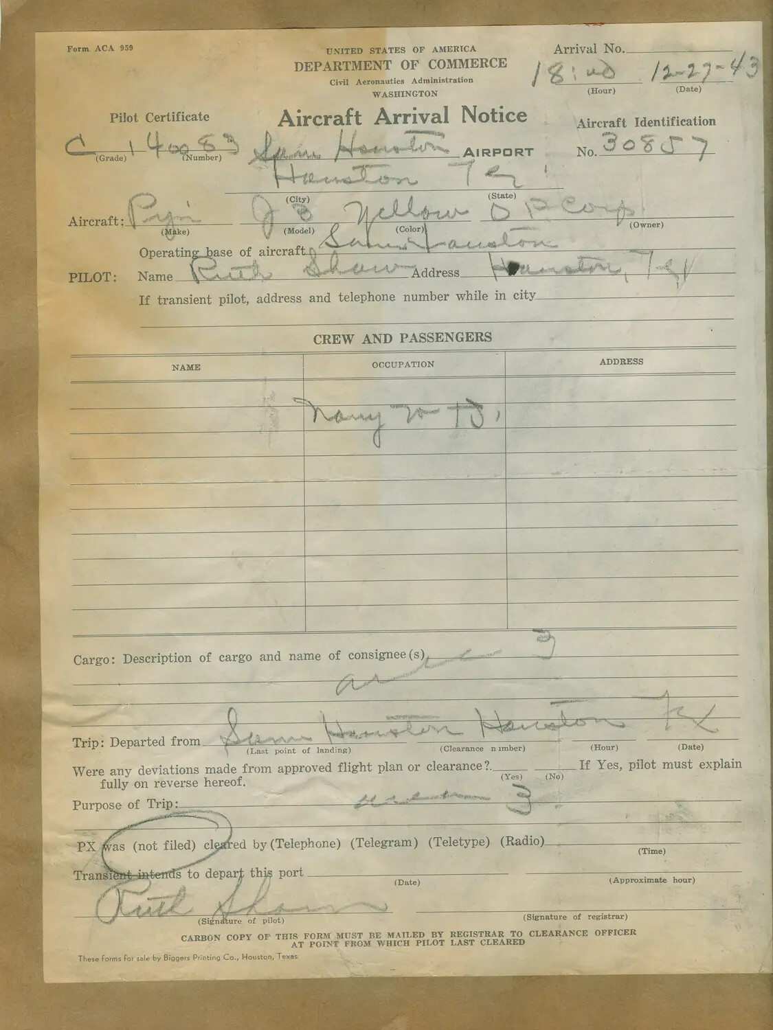 CAA Form ACA 959 'Aircraft Arrival Notice,' Houston, Texas, December 27, 1943 - Pilot Ruth Shaw, Notation 'Navy V-5'