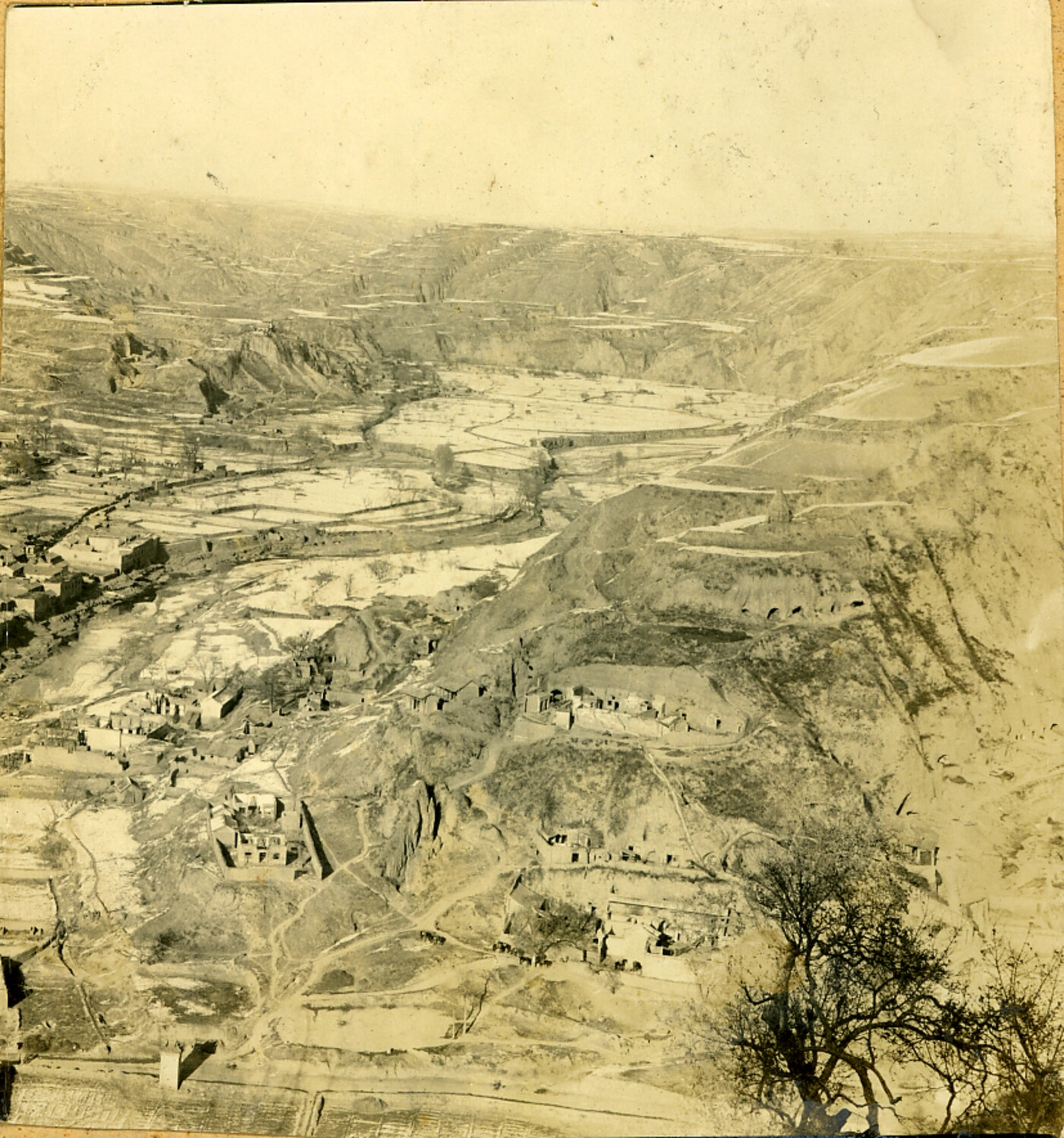 Panoramic View of a Loess Plateau Village Valley, North China