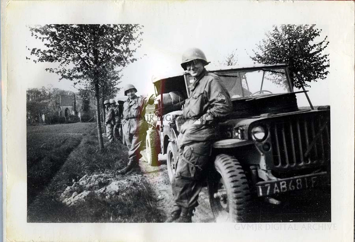 101st Airborne Division Paratroopers with Jeep on Rural Lane, European Theater, WWII