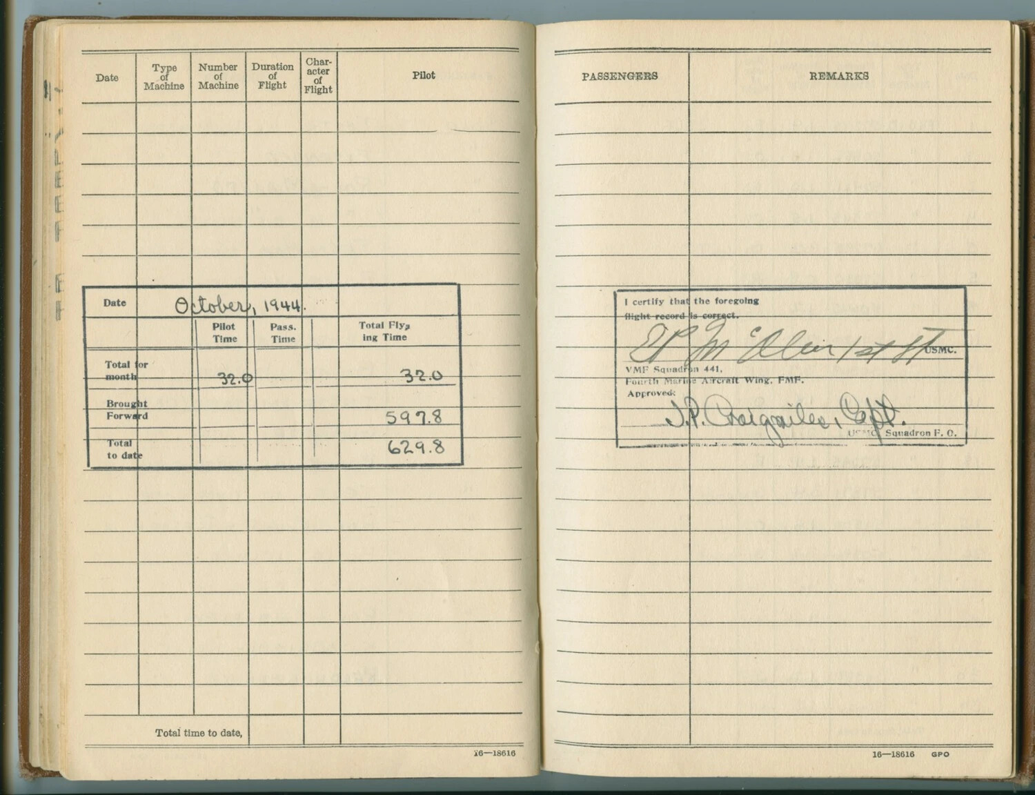 WWII USMC Pilot Flight Logbook Page, VMF-441, October 1944 (Edward P. McAleer)