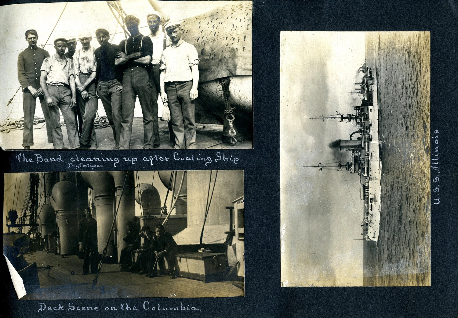 Photograph Album Page: 'The Band' After Coaling Ship, Deck Scene, and USS Illinois - USS Columbia Cruise Album, c. 1905