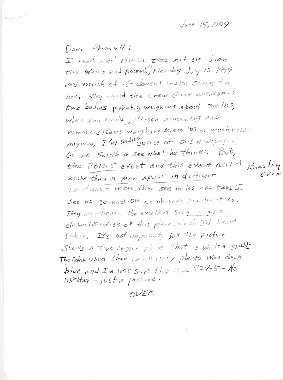 Handwritten Letter Discussing Navy Aircraft Identification, 1999