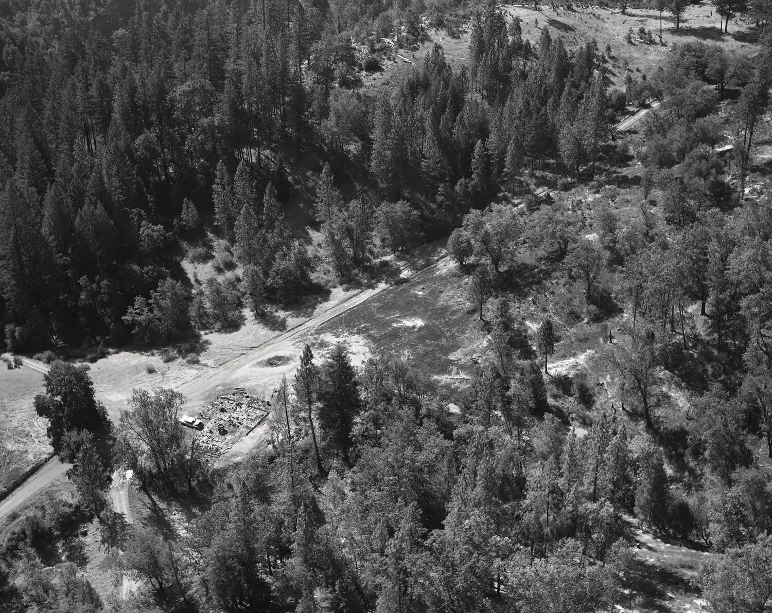 Aerial View of Forest Clearing with Access Road and Ground Structure
