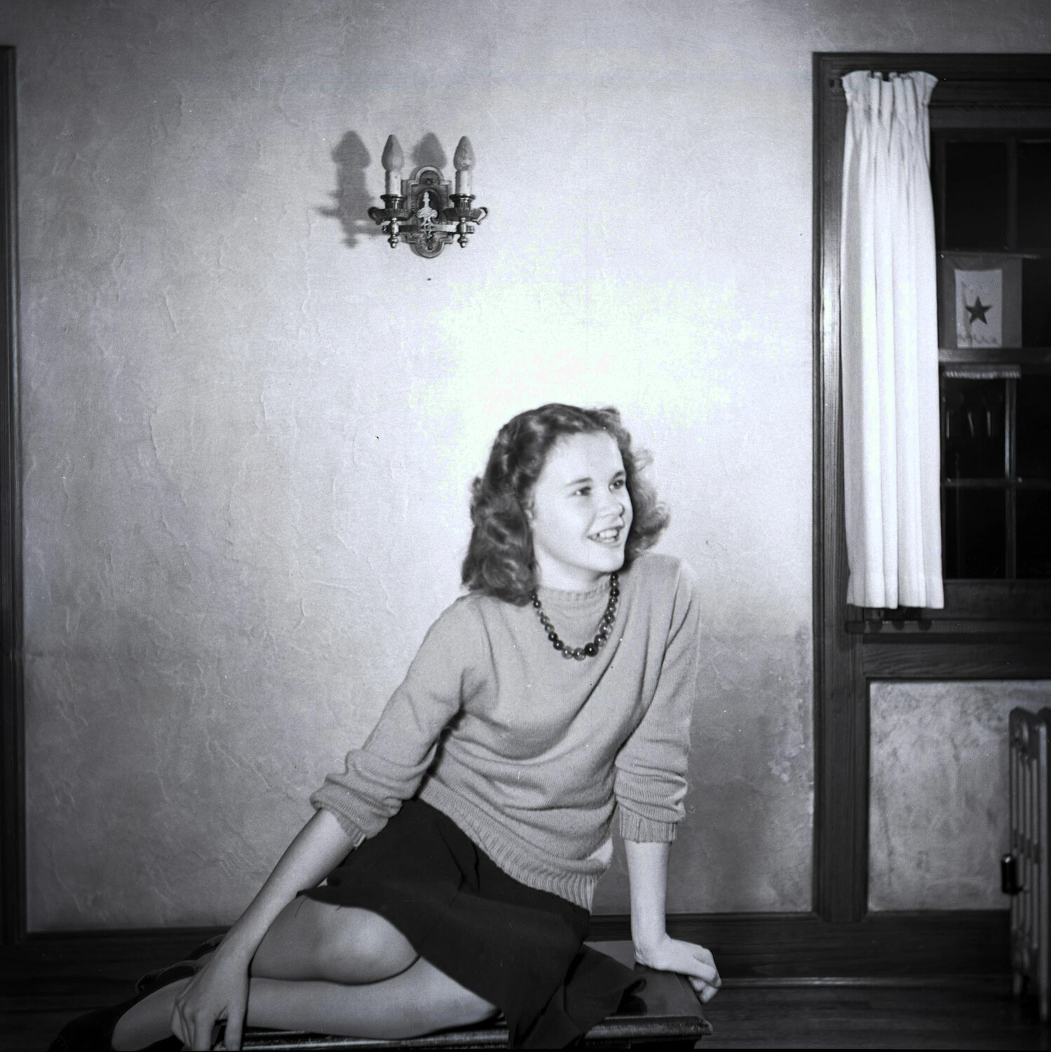 Home Front Portrait of a Young Woman with Blue Star Service Flag in Window, WWII Era
