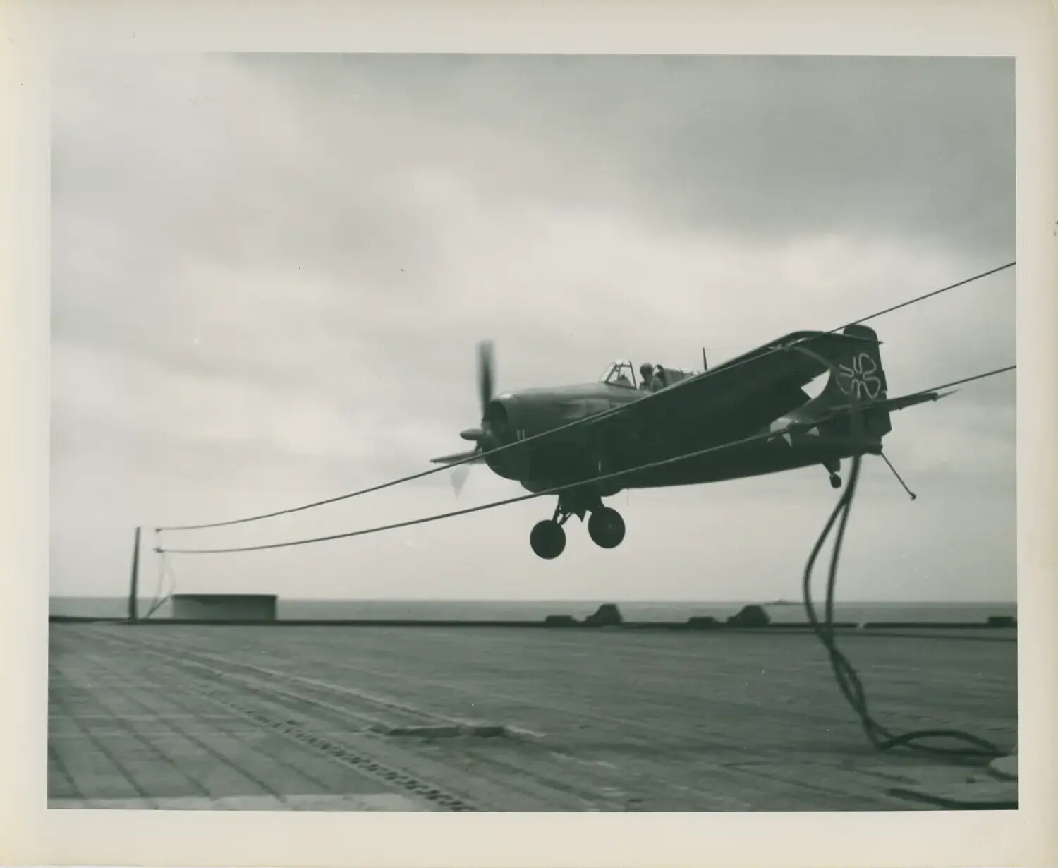FM-2 Wildcat Caught in Crash Barrier During Landing Mishap, USS Petrof Bay (CVE-80), WWII