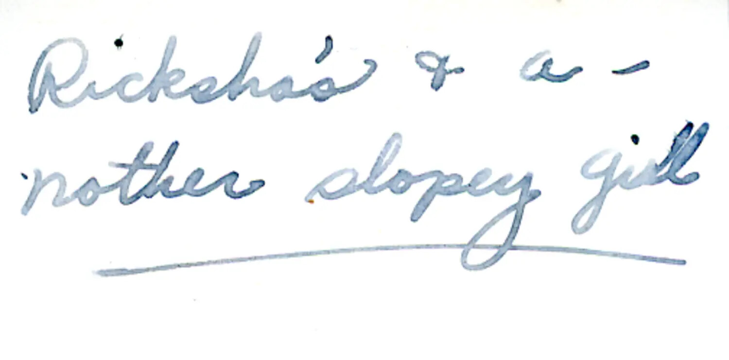 Handwritten Album Caption Page, "Ricksha's & a-nother slopey girl" - CBI Theater Photo Album