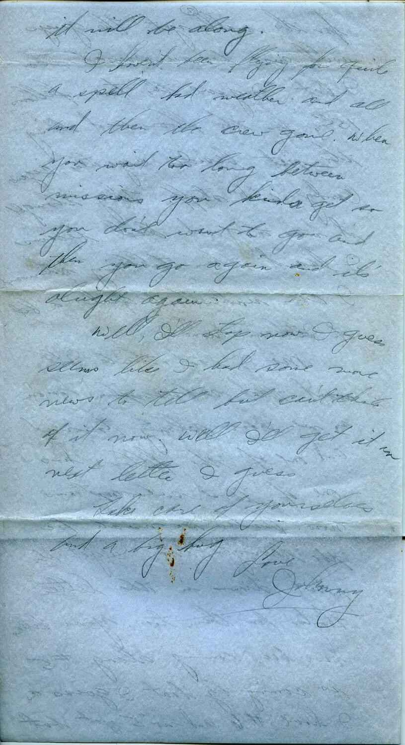 Handwritten WWII Airman's Letter, Pencil on Blue Stationery – "Johnny," 1944 (Margaroli Correspondence)