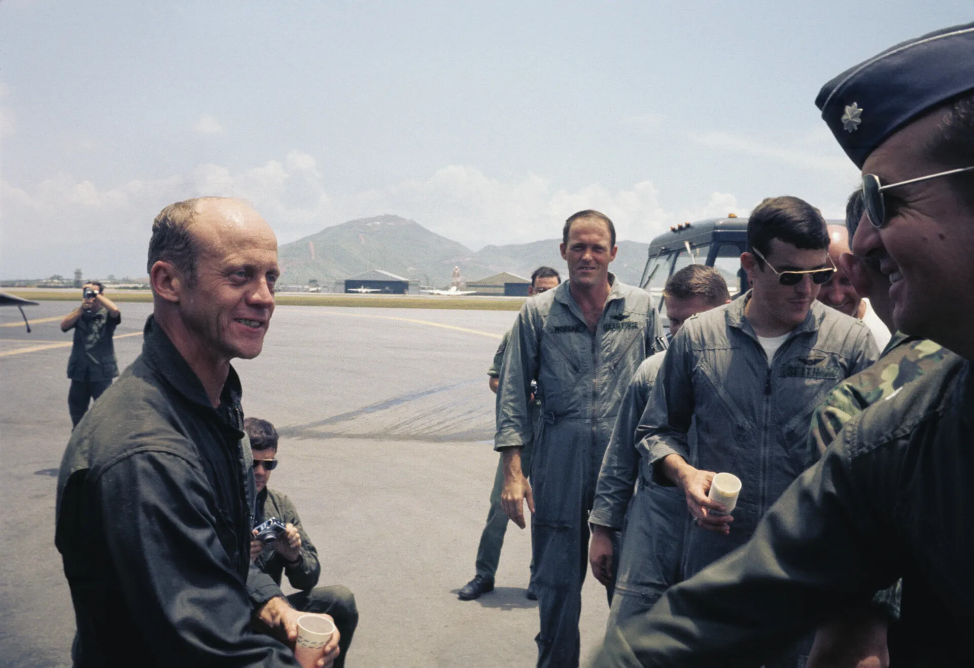 USAF Aircrew Group Portrait During Squadron Gathering, Named Personnel 'Morgan' and 'Smith,' Vietnam War Era
