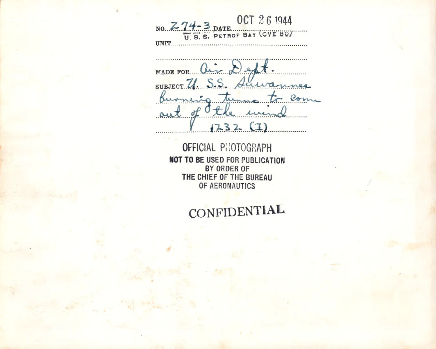 Caption Card, Official U.S. Navy Photograph No. Z74-3, USS Suwannee (CVE-27) Burning, 26 October 1944