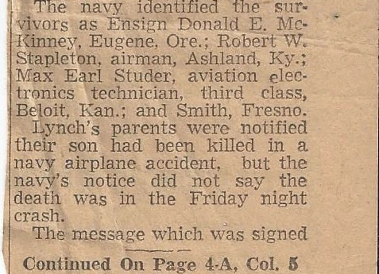 Newspaper Clipping: Navy Aircraft Accident Survivors Identified, Page 2 Continuation