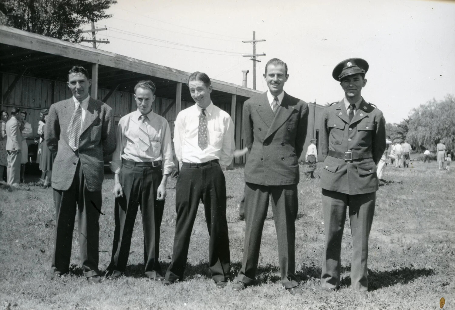 Group Portrait of Five Men, One in Army Uniform, Wartime Gathering