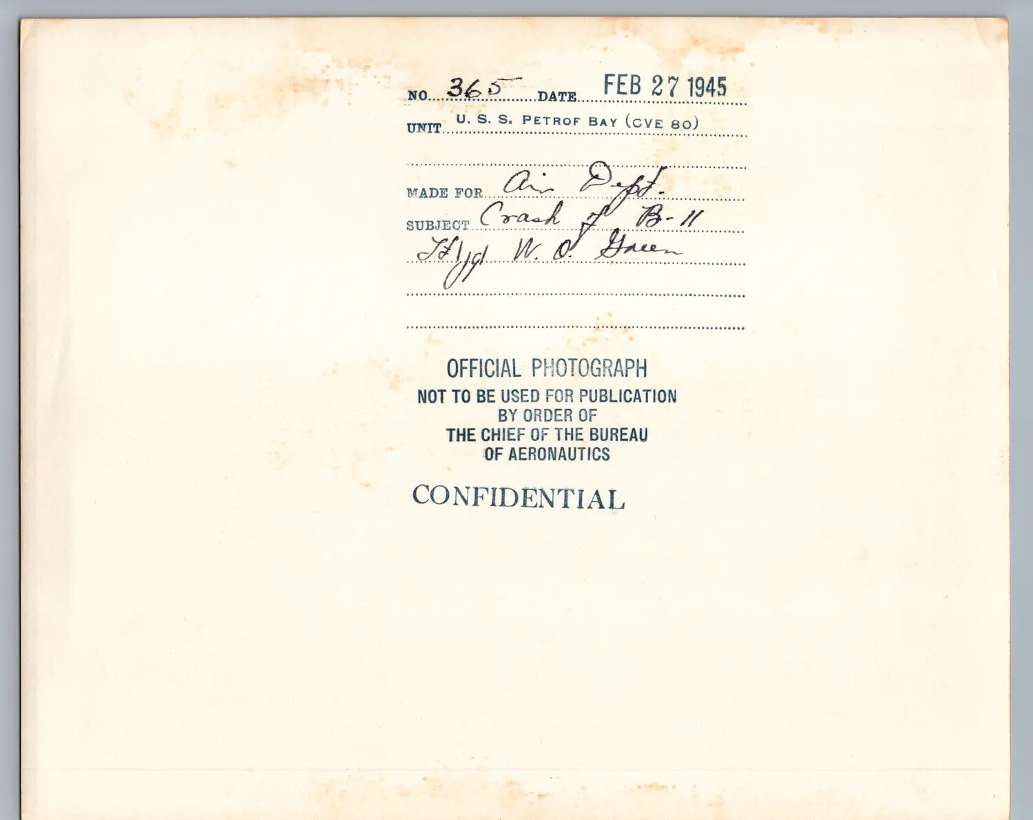 Caption Card, U.S.S. Petrof Bay (CVE-80), 27 February 1945 - Crash of Aircraft B-11, Lt(jg) W.O. Green (Companion Card)