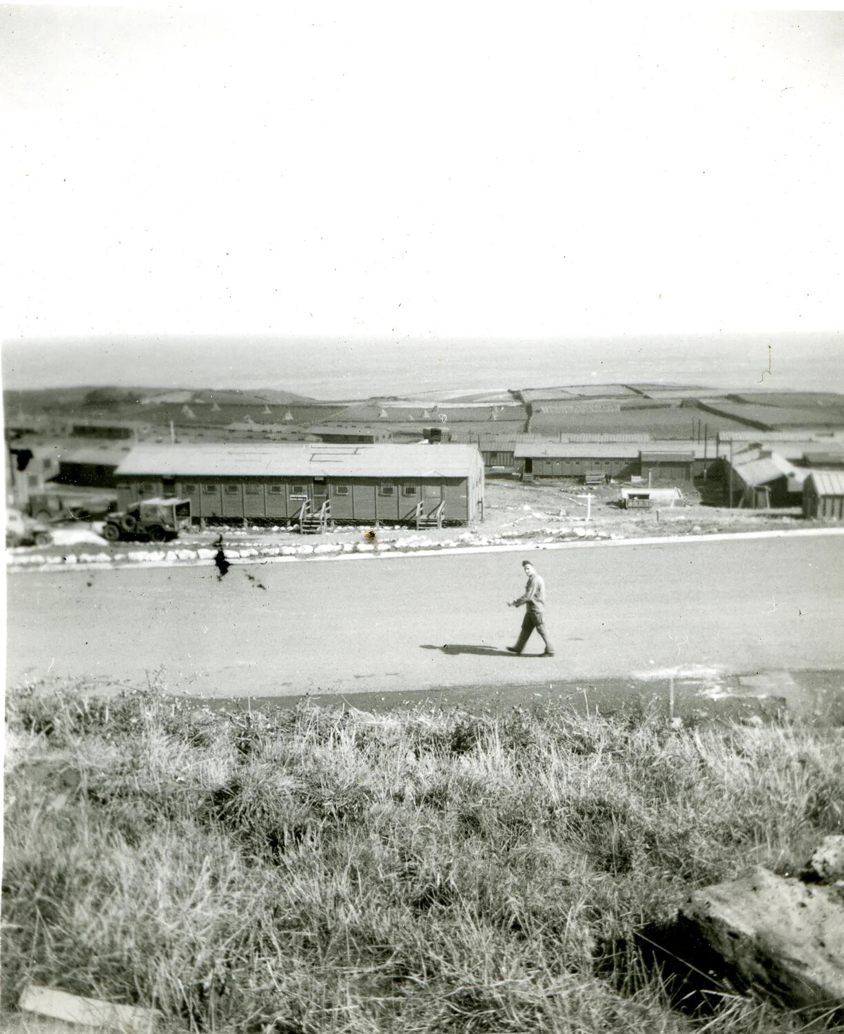 U.S. Army Camp with Barracks and Soldier on Road, Occupied Europe, 1946