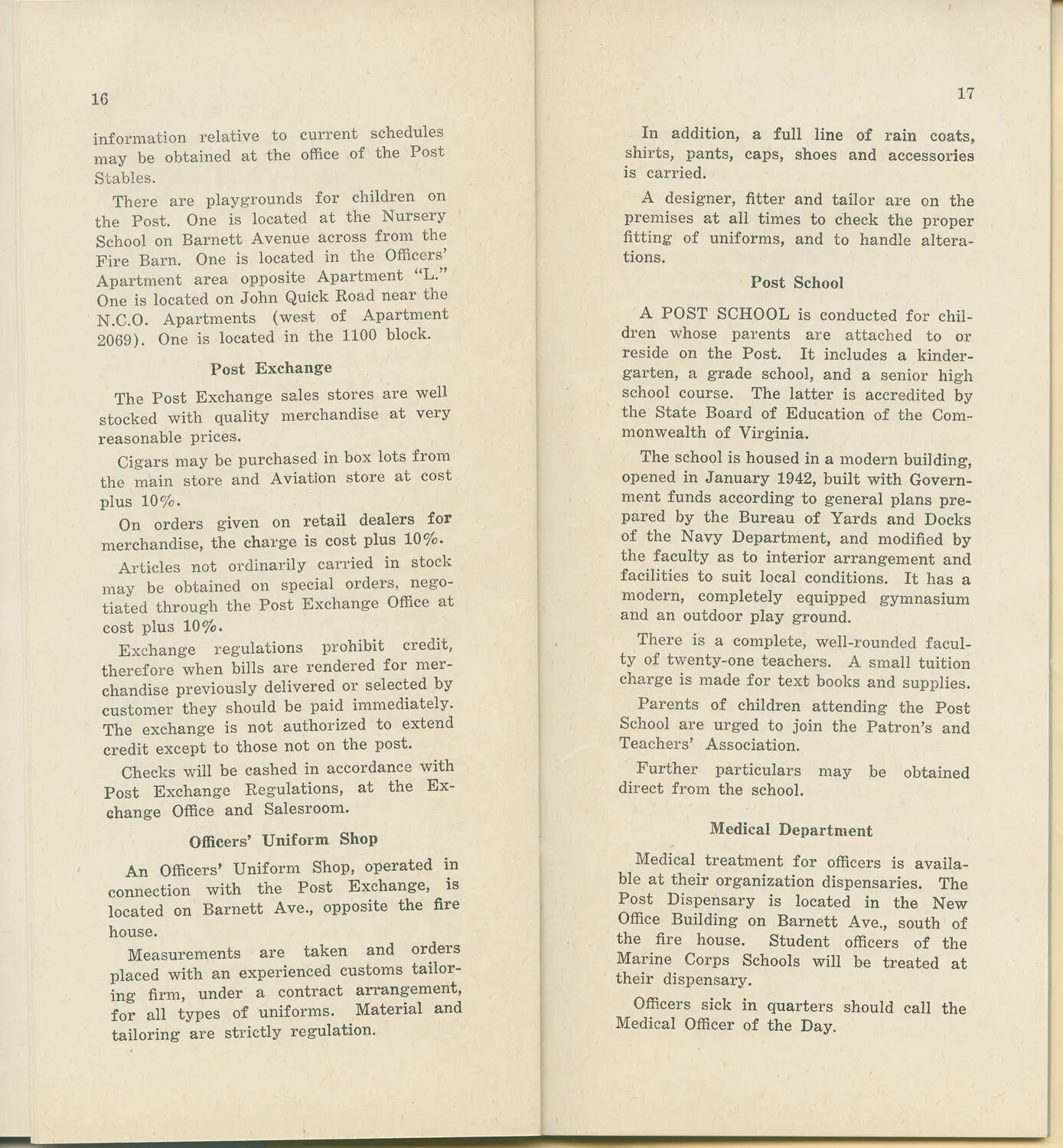 Marine Corps Post Handbook, Pages 16-17 (Post Exchange, Uniform Shop, School, Medical Dept.) - McAleer Collection