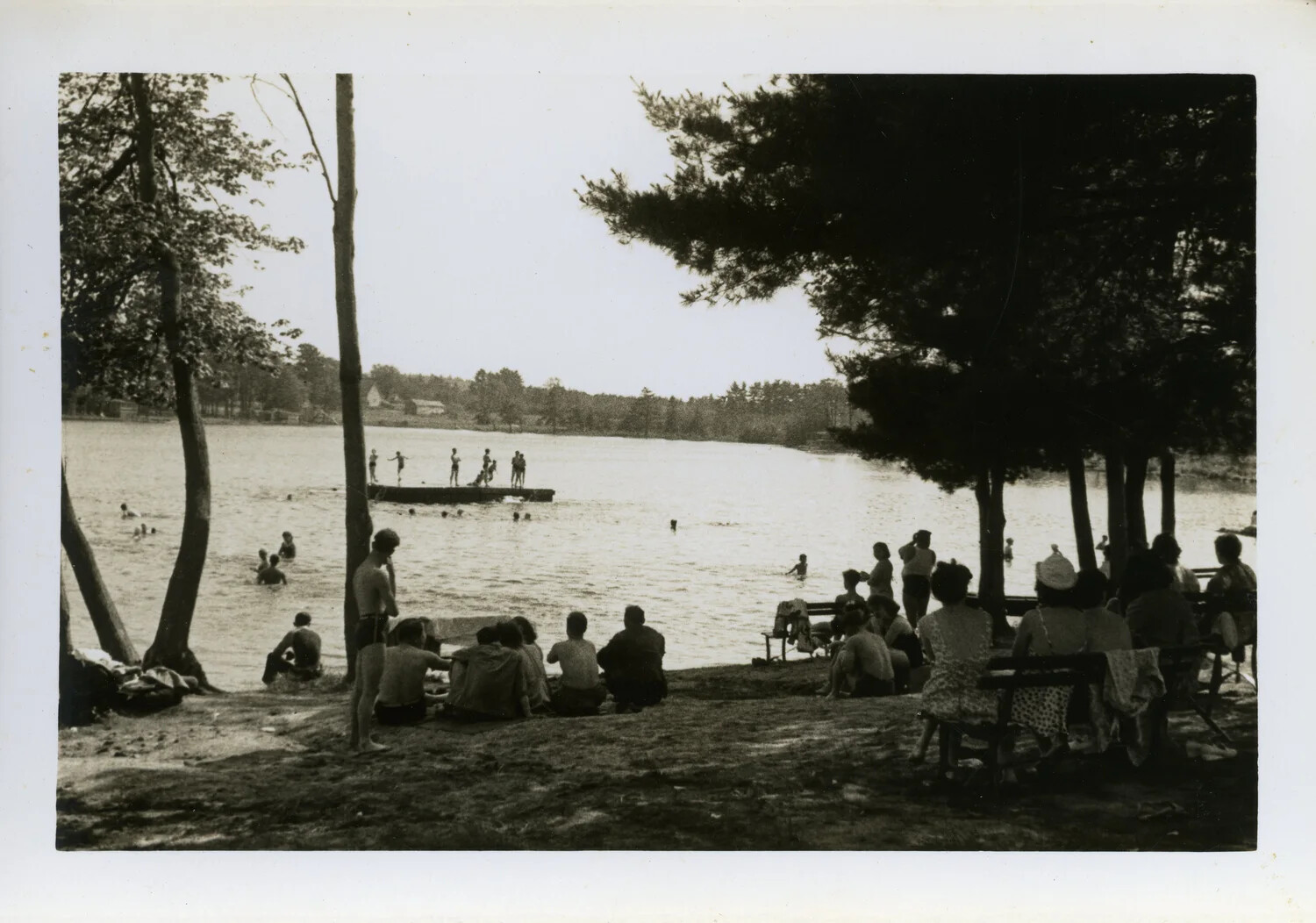 Lakeside Recreation Scene with Swimmers and Picnickers, WWII-era Collection Photograph
