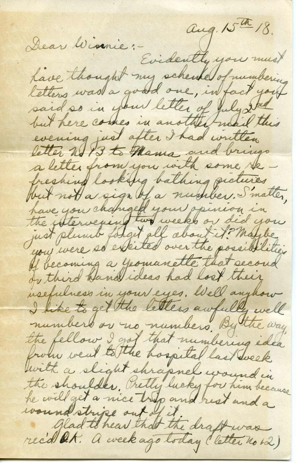 WWI Handwritten Letter to "Winnie," Dated August 15, 1918