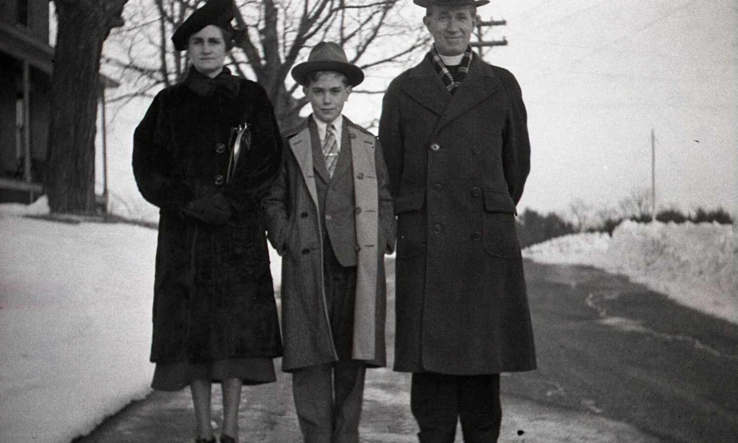 Family Portrait on Snowy Street, Stateside Winter Scene
