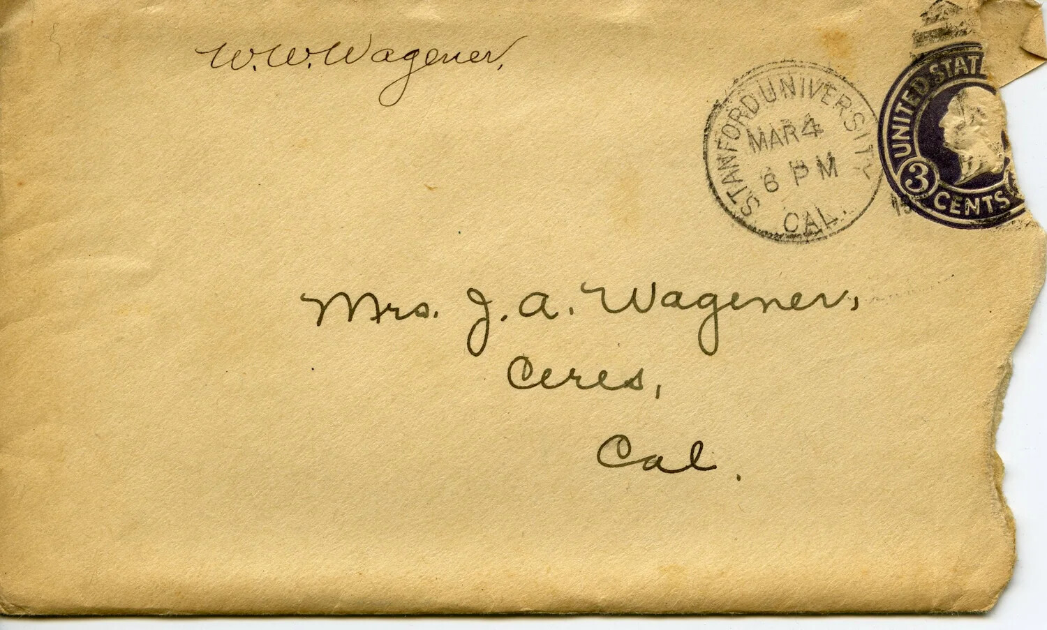 Postmarked Envelope, W. W. Wagener to Mrs. J. A. Wagener, Stanford University, California, 4 March [1918]