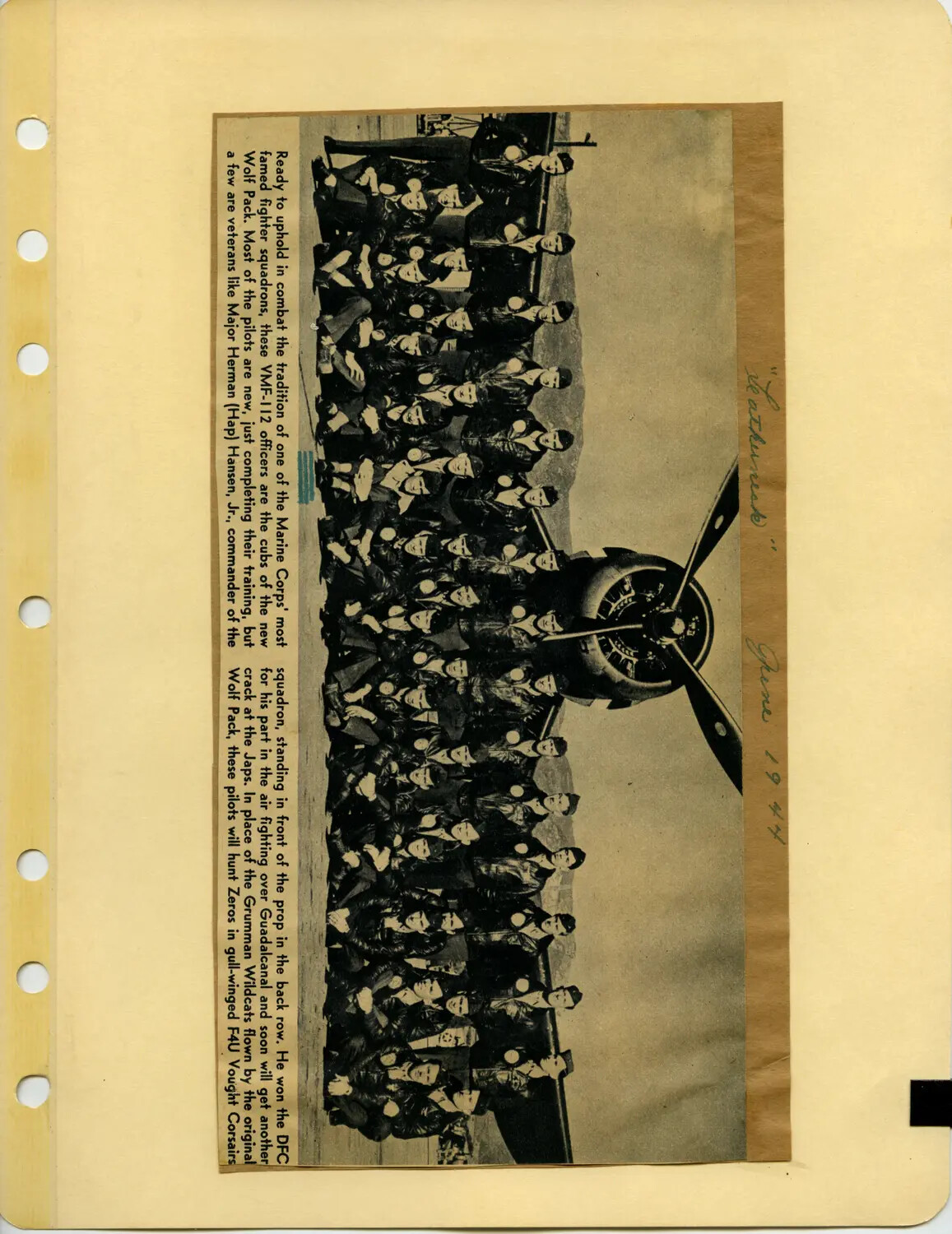 Newspaper Clipping: VMF-112 'Wolf Pack' Marine Fighter Squadron Pilots, June 1944