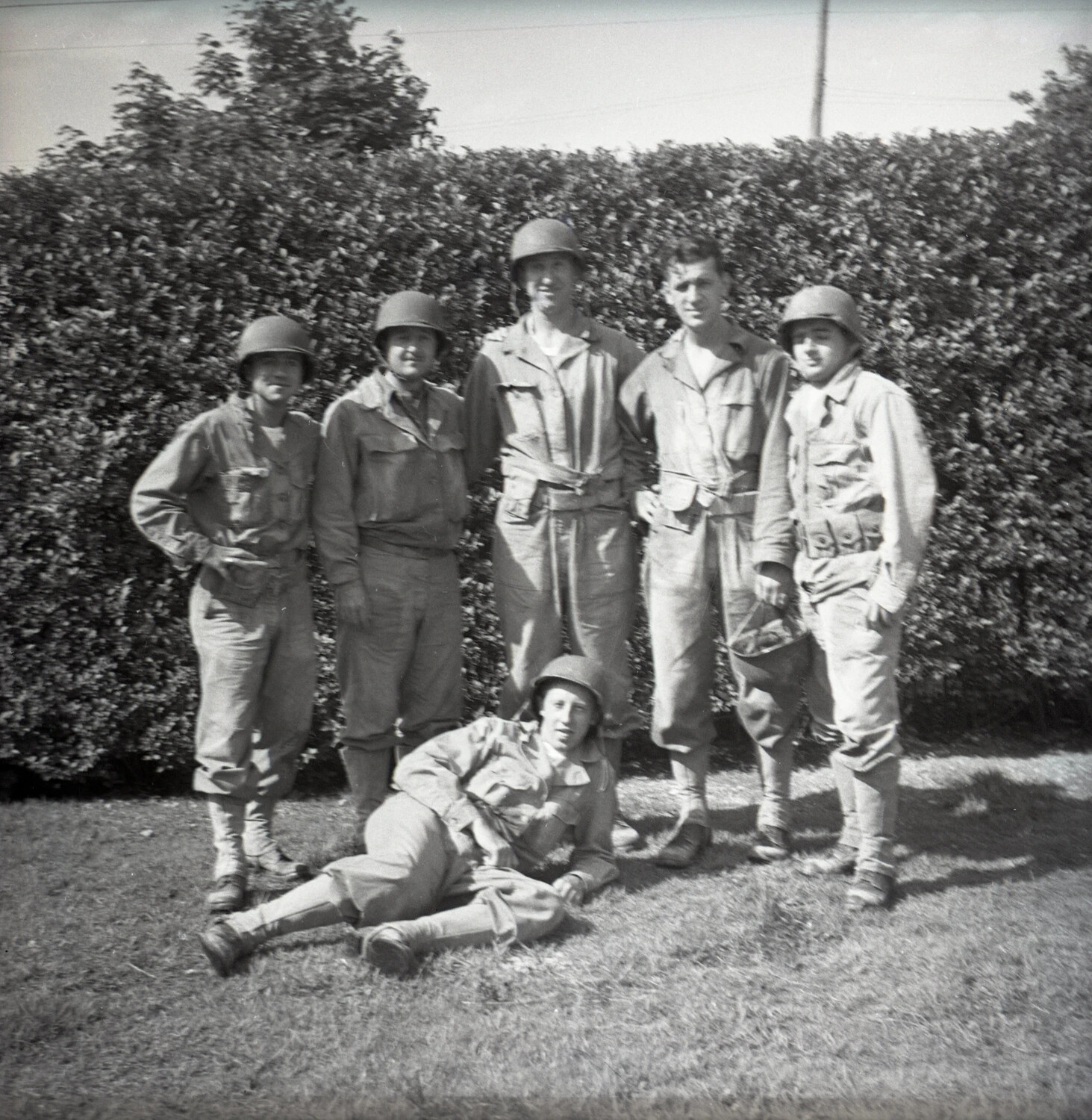 Group Portrait of American Servicemen in Fatigues and M1 Helmets, WWII Era