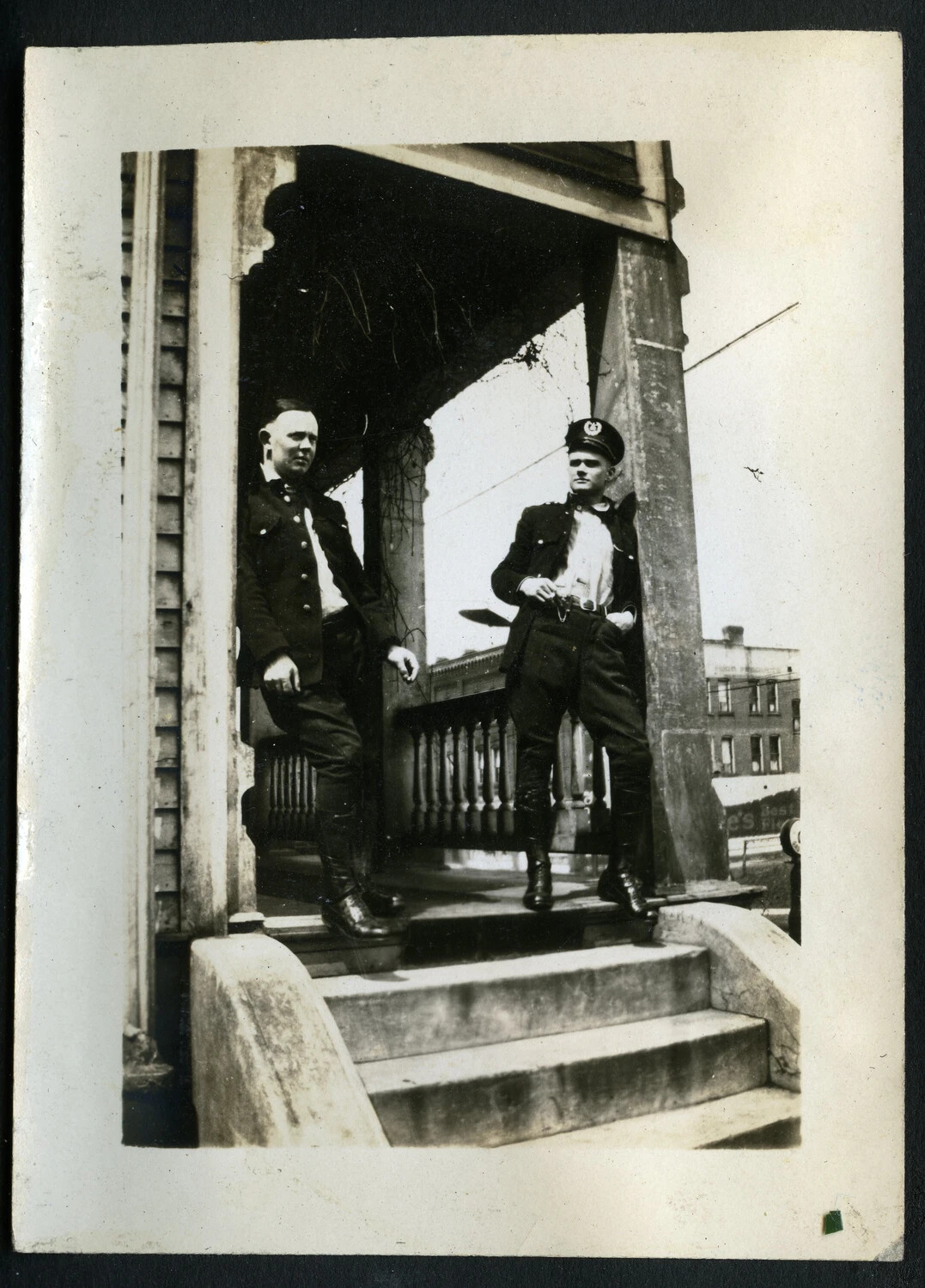 Two Men in Police Uniform on a Residential Porch, NY Cops WWI France Photo Album, 1920s