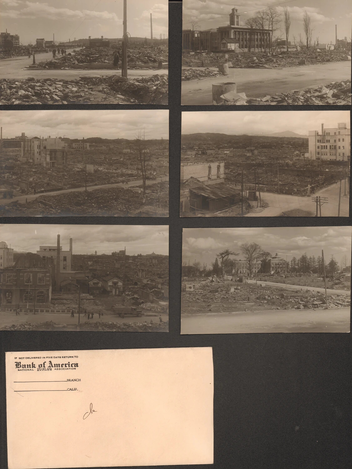 Album Page of Real-Photo Postcards Showing Earthquake/Disaster Ruins in a Japanese City, with Bank of America Return Envelope