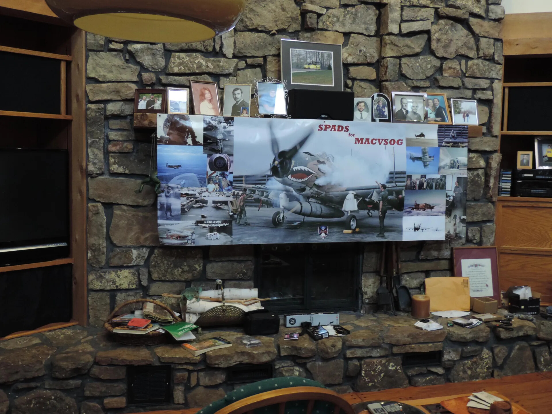 'SPADS for MACVSOG' Photo-Montage Banner Displayed Over a Domestic Stone Fireplace, ca. 2013