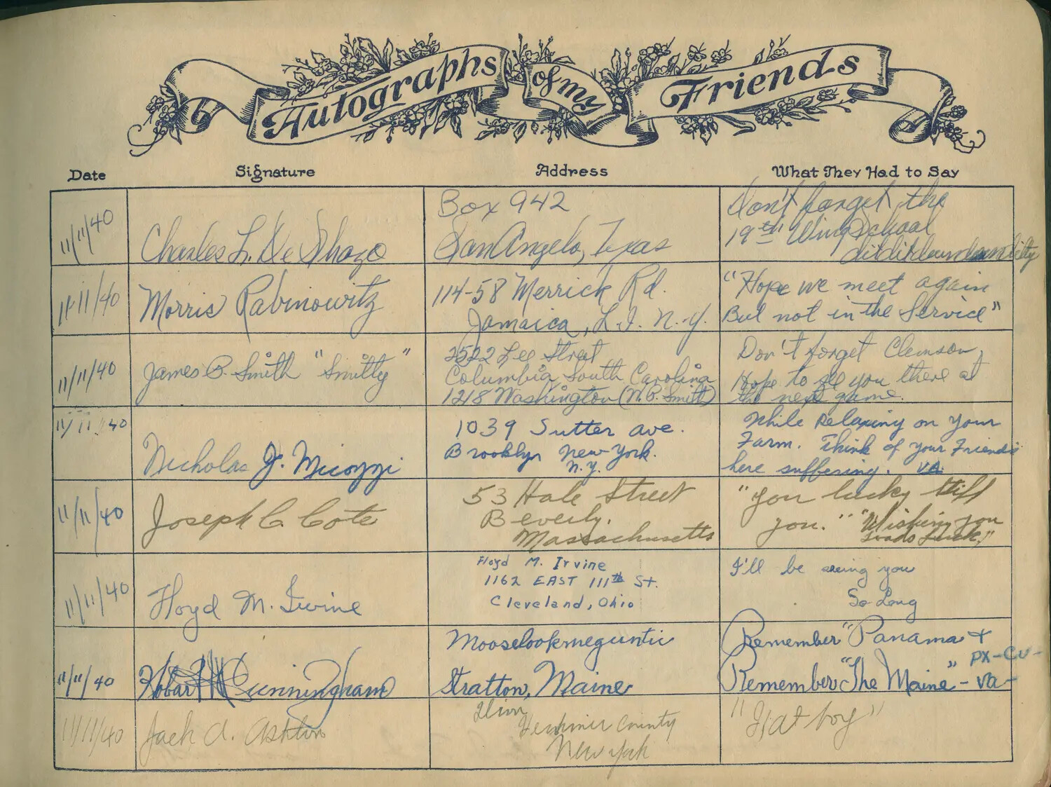Autograph Album Page, 'Autographs of My Friends,' Dated November 11, 1940, WWII Canal Zone Collection
