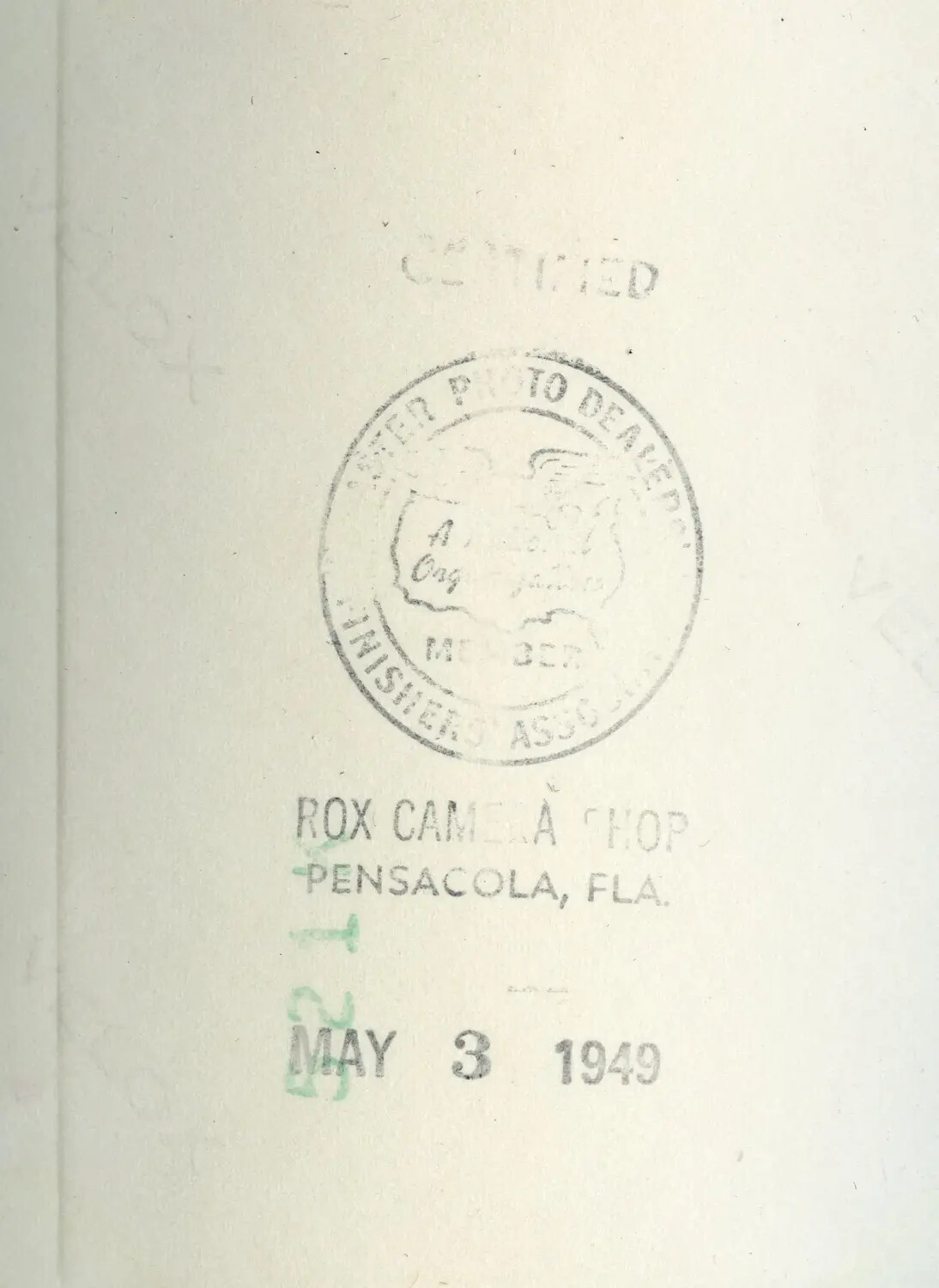 Verso of Photograph with Rox Camera Shop Photofinisher Stamp, Pensacola, Florida, May 1949