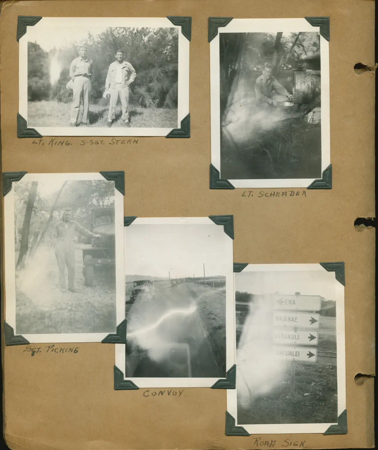 WWII Photo Album Page – U.S. Army Personnel and Truck Convoy, Oahu, Hawaii (Ewa–Waianae Coast)