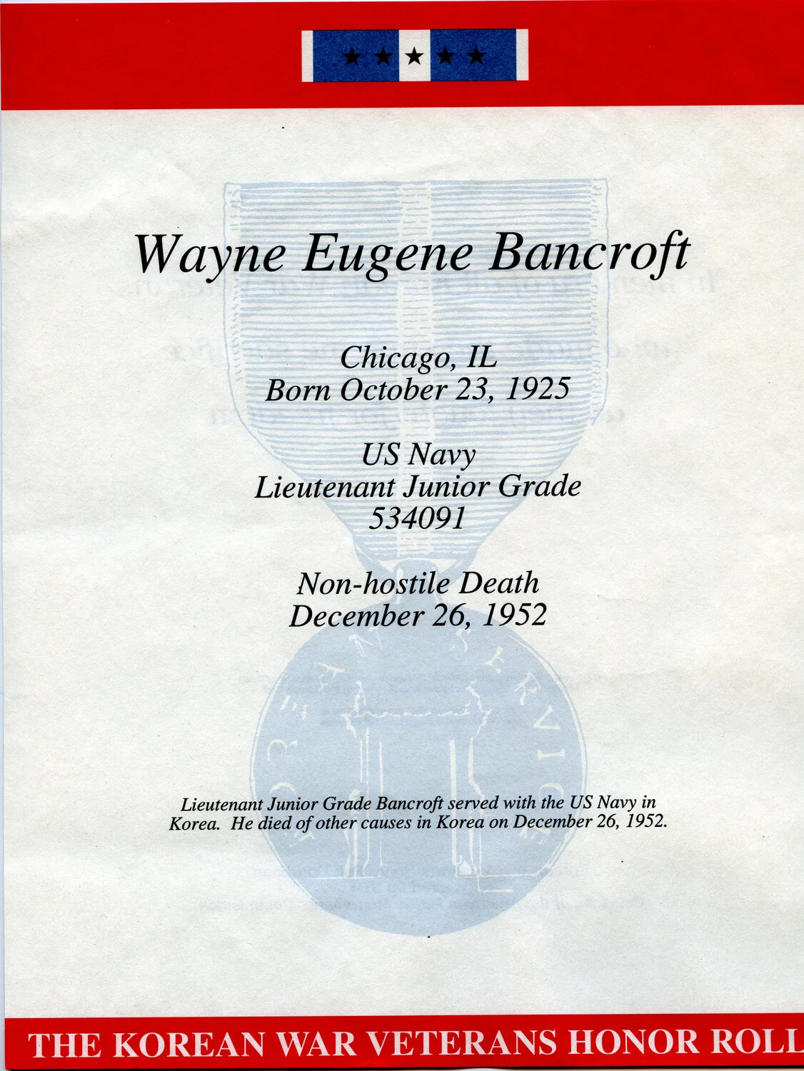 Korean War Veterans Honor Roll Memorial Certificate - Lt. j.g. Wayne Eugene Bancroft, USN