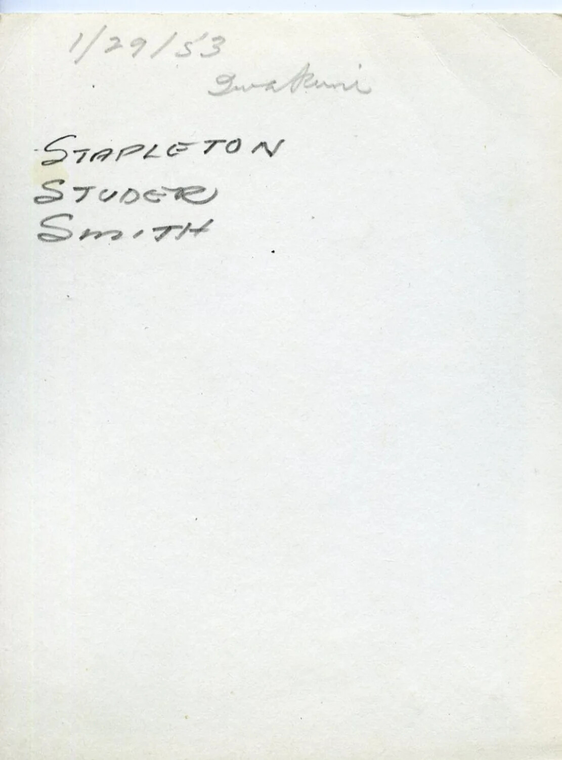 Verso of Photograph with Handwritten Caption: Iwakuni, January 29, 1953 - Names Stapleton, Studer, Smith