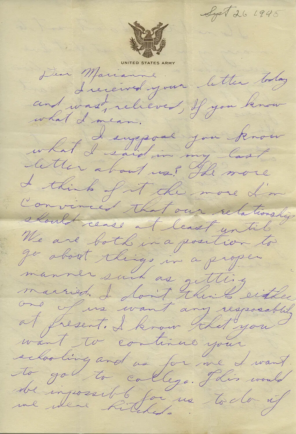 Personal Letter on U.S. Army Letterhead, Dated September 26, 1945 -- "Dear Marianne"