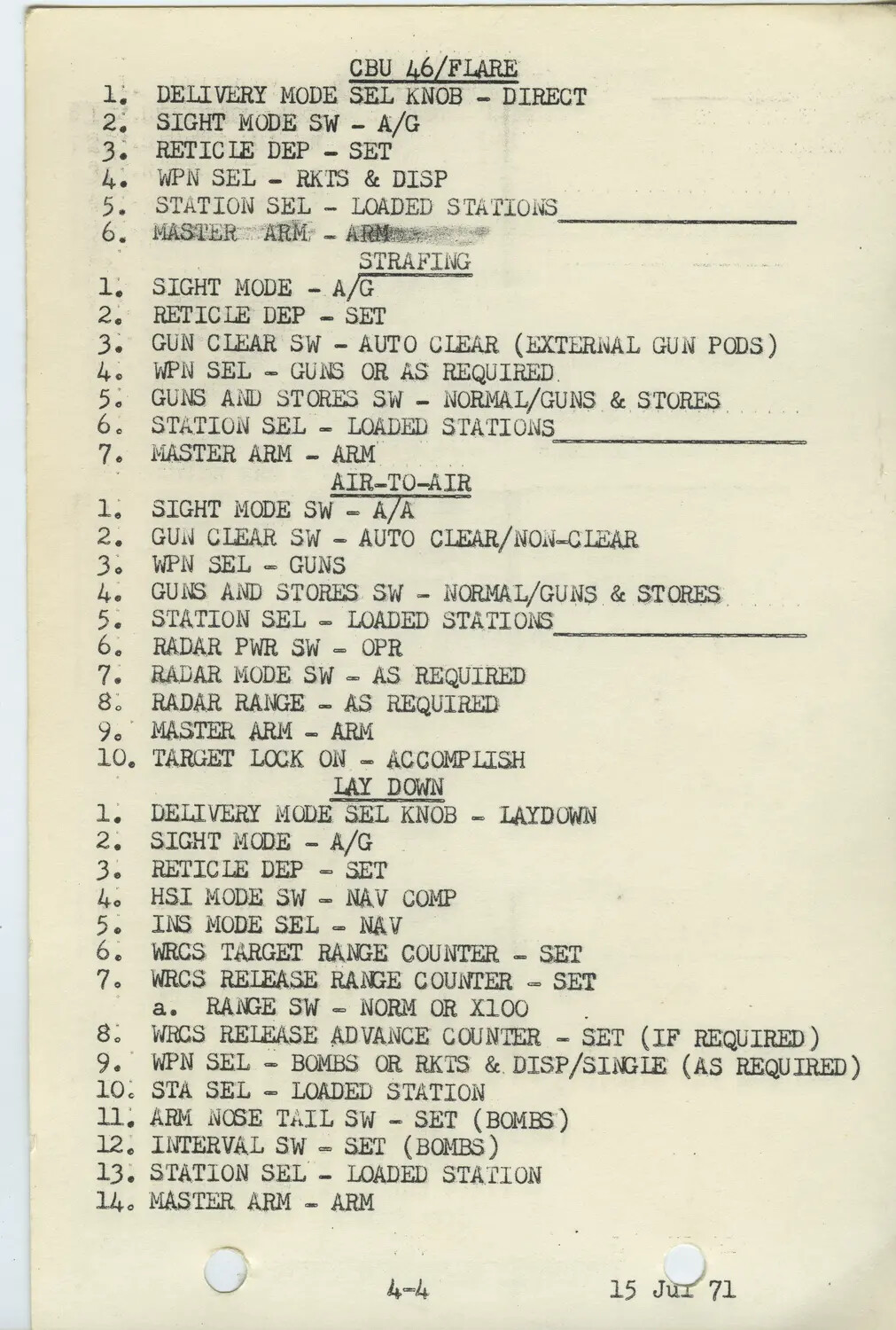 F-4 Phantom II Weapons Delivery Checklist Page, 'CBU 46/Flare, Strafing, Air-to-Air, Lay Down,' Dated 15 Jul 71